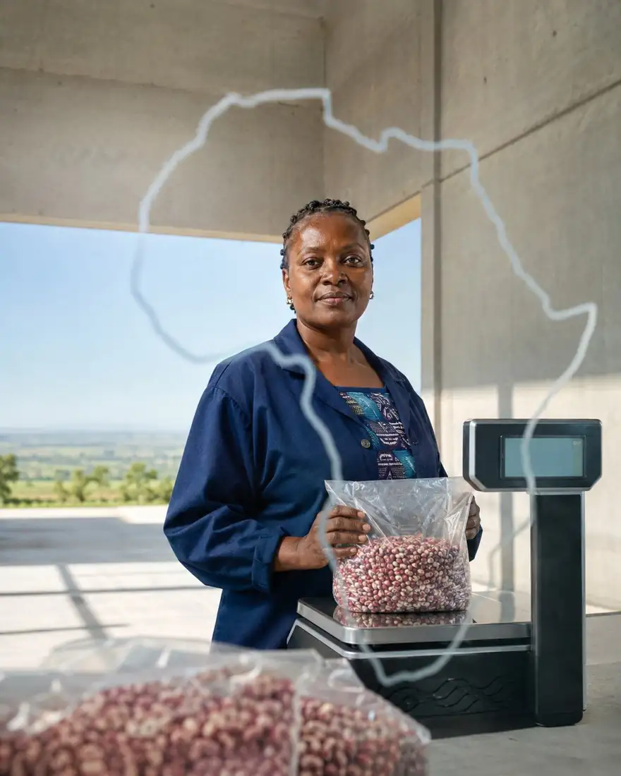 Eine Bäuerin steht mit einem Sack Bohnen an einer Waage, über dem Bild eine gezeichnete Linie von Afrika