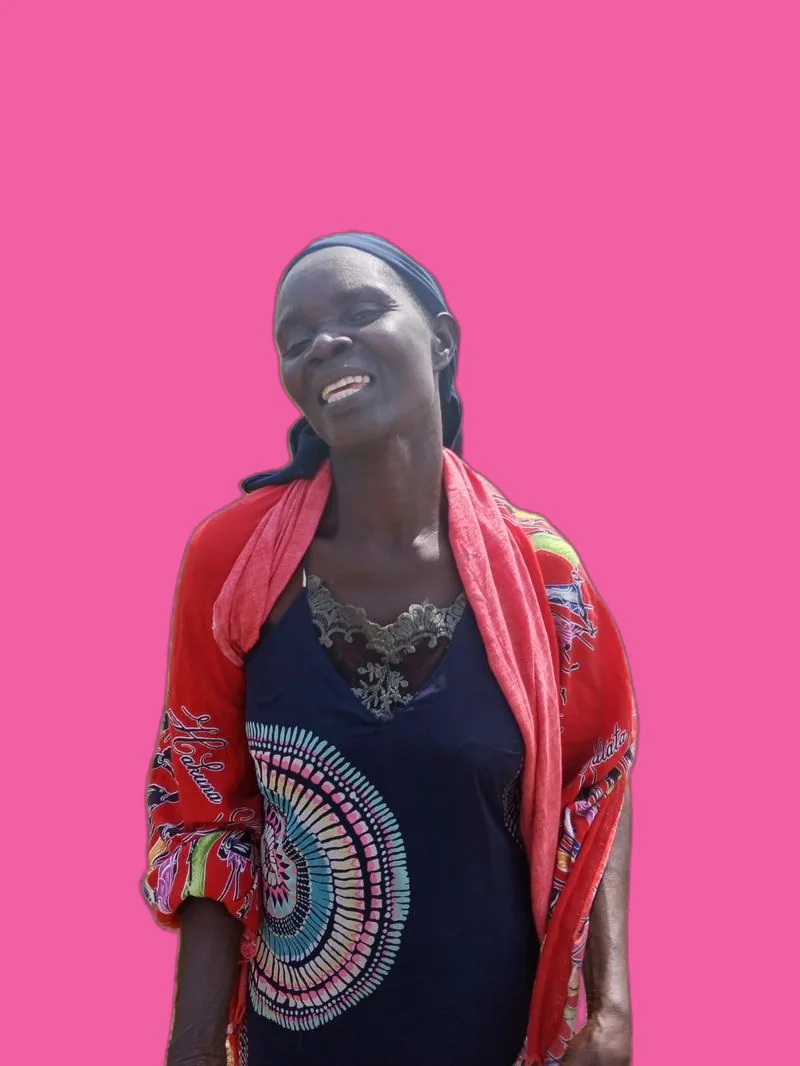 Laughing farmer with a red shawl on pink, Siaya, Kenya